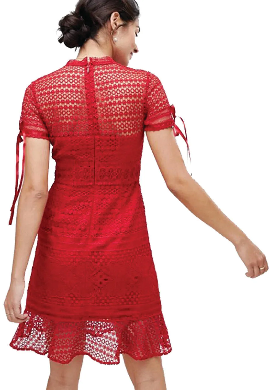 Red Christelle Short Sleeves Geometric Lace Mini Dress