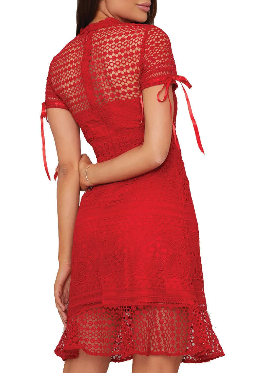 Red Christelle Short Sleeves Geometric Lace Mini Dress