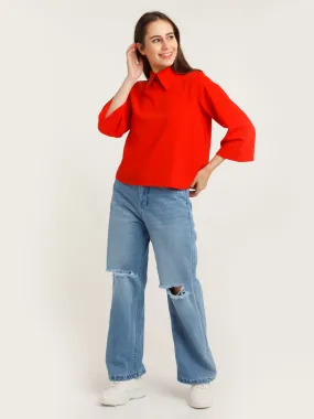 Red Solid Flared Sleeve Top