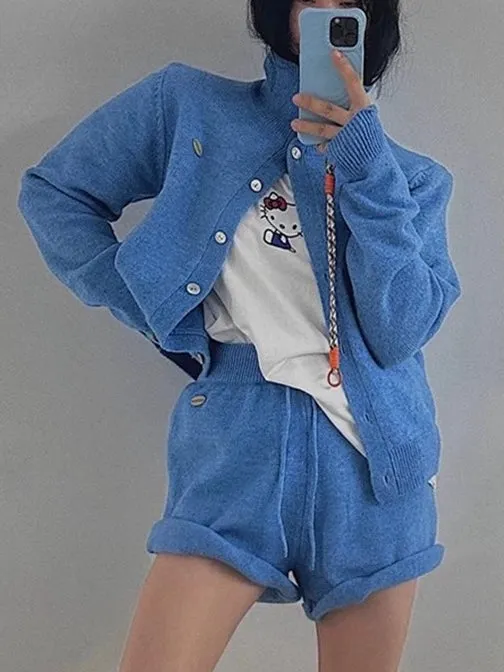 Retro Letter Patch Knitted Sweater Shorts Two-Piece Set