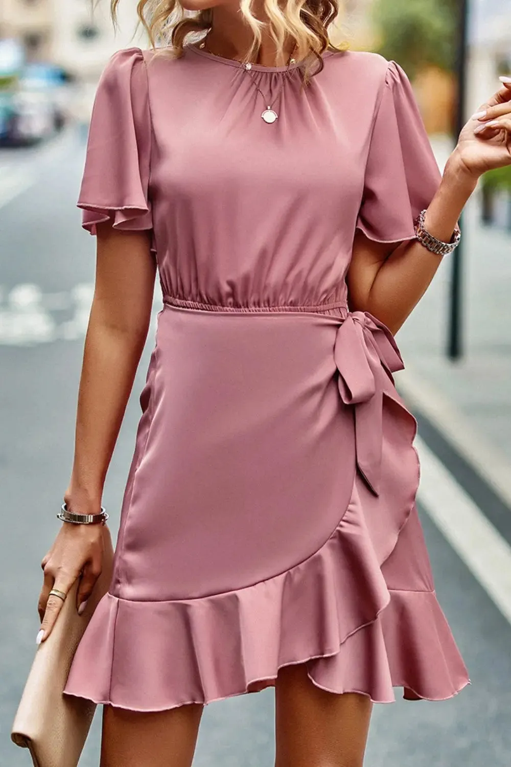 Round Neck Flutter Sleeve Ruffled Dress