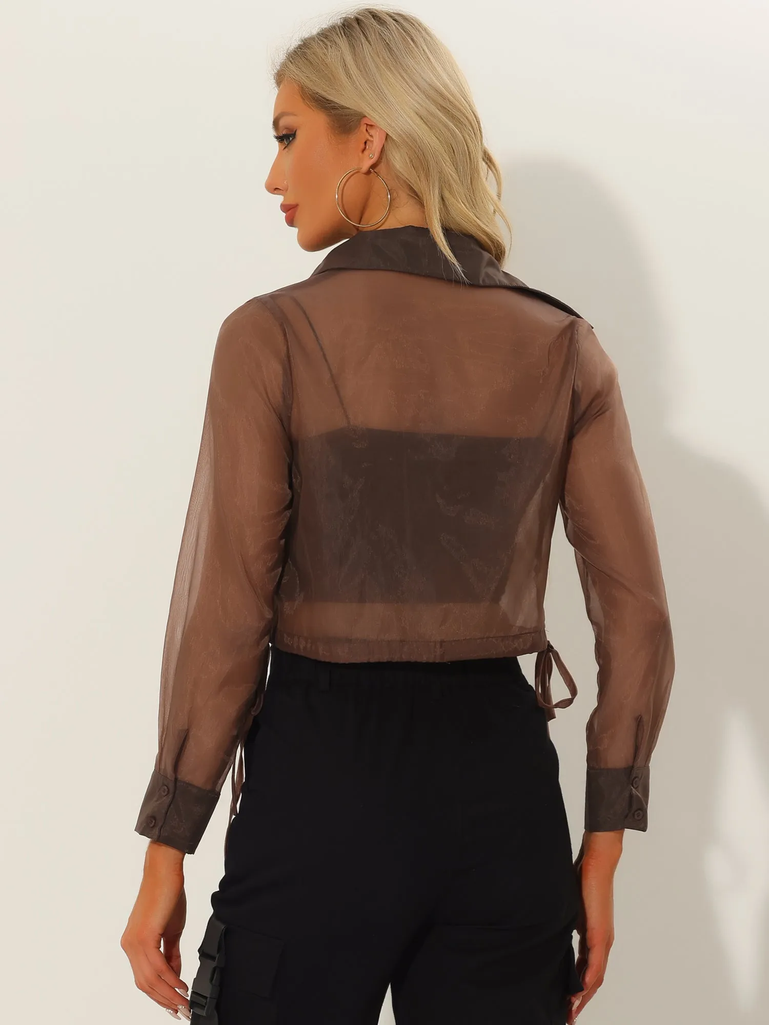 See Through Long Sleeve Drawstring Hem Button Cropped Mesh Jacket