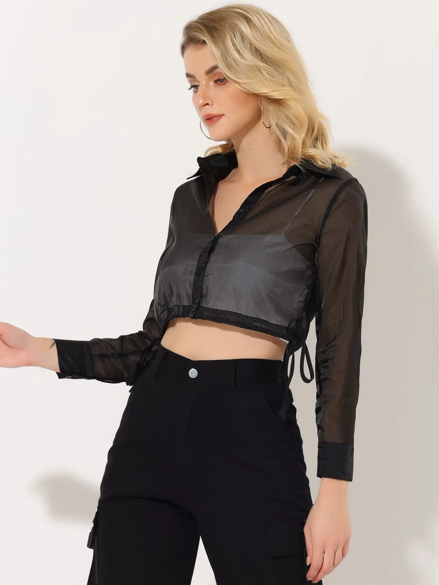 See Through Long Sleeve Drawstring Hem Button Cropped Mesh Jacket