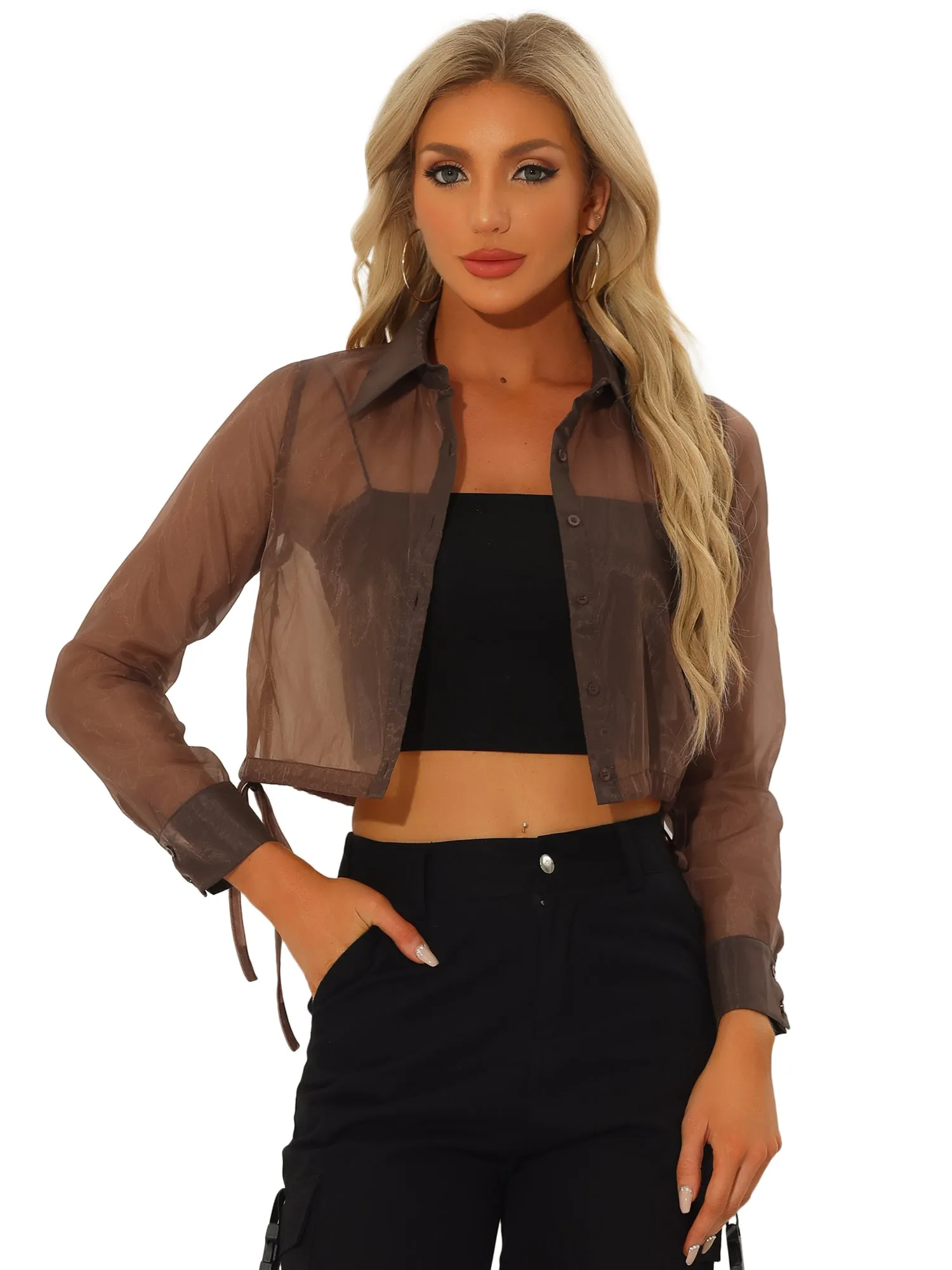 See Through Long Sleeve Drawstring Hem Button Cropped Mesh Jacket