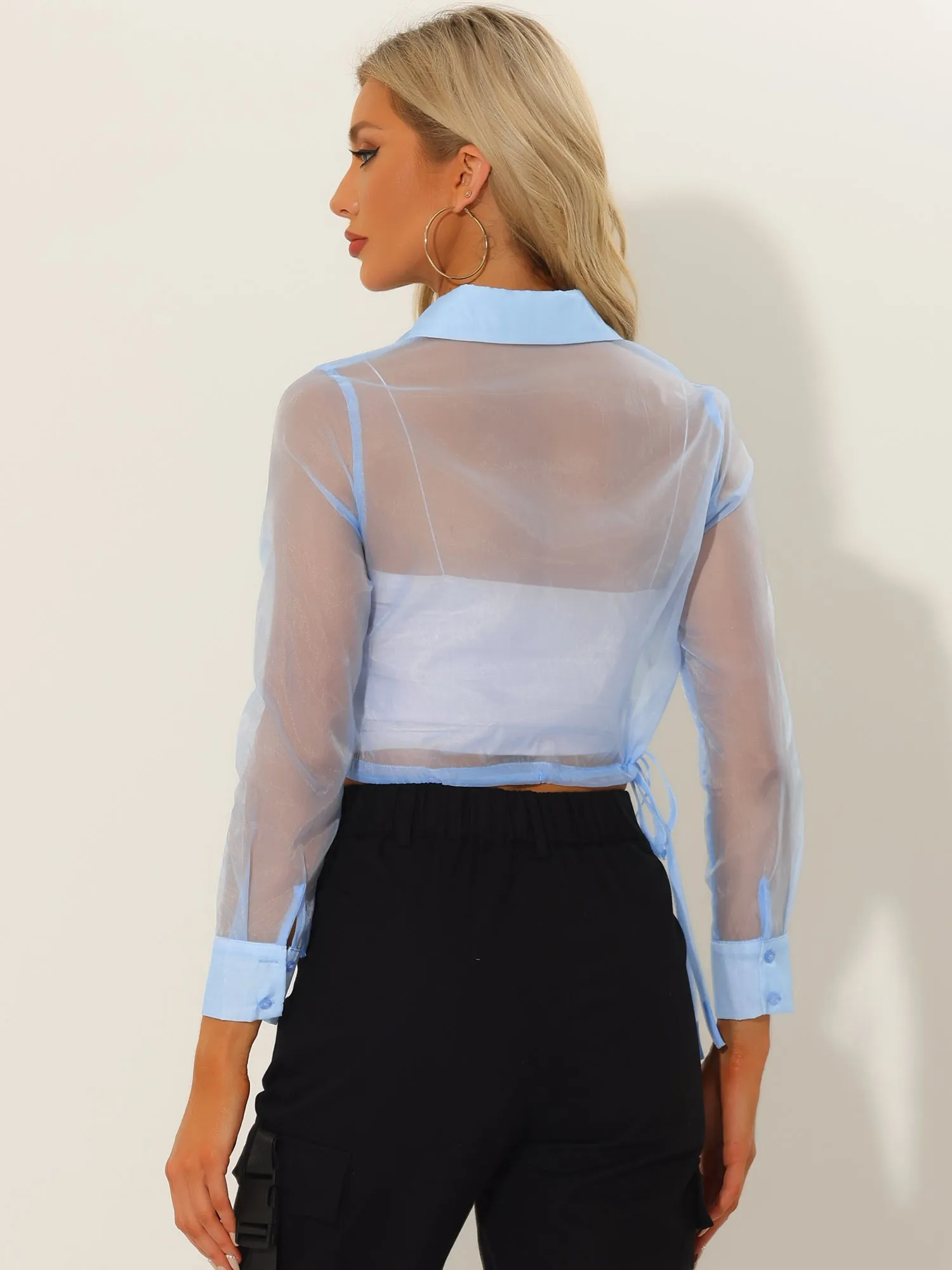 See Through Long Sleeve Drawstring Hem Button Cropped Mesh Jacket