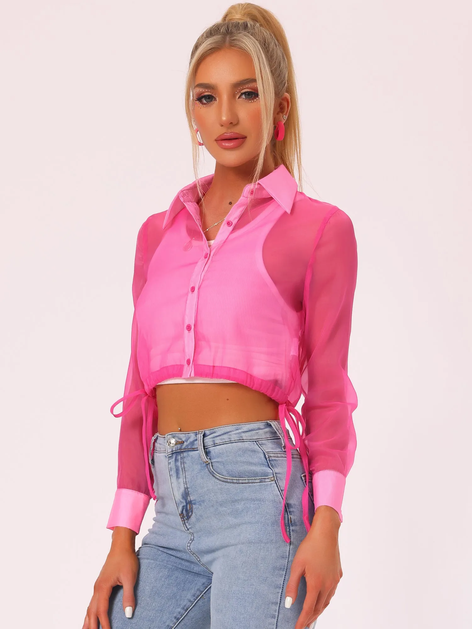 See Through Long Sleeve Drawstring Hem Button Cropped Mesh Jacket