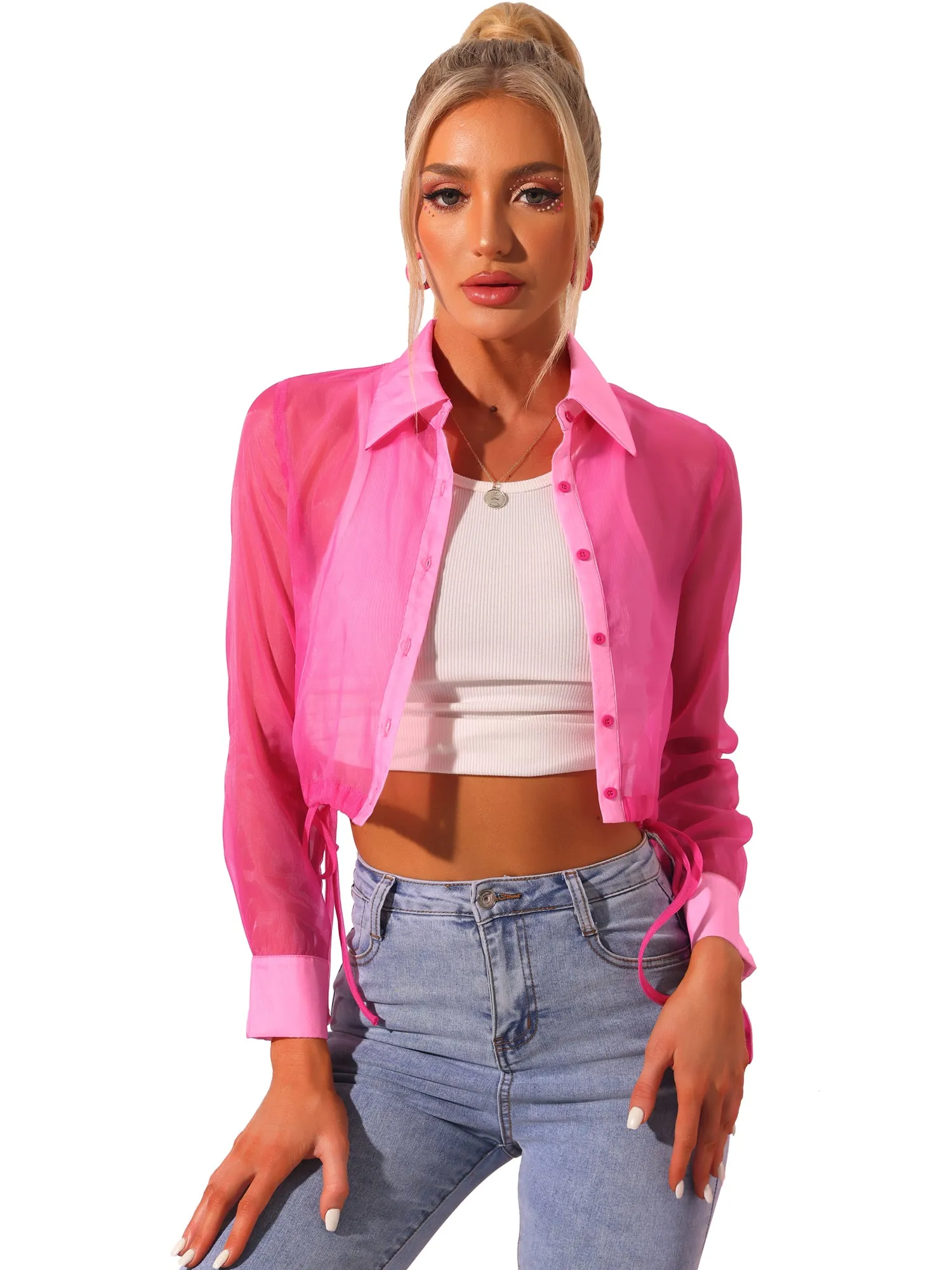 See Through Long Sleeve Drawstring Hem Button Cropped Mesh Jacket