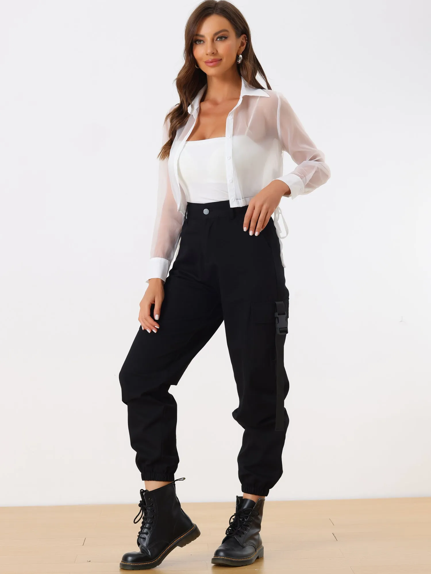 See Through Long Sleeve Drawstring Hem Button Cropped Mesh Jacket