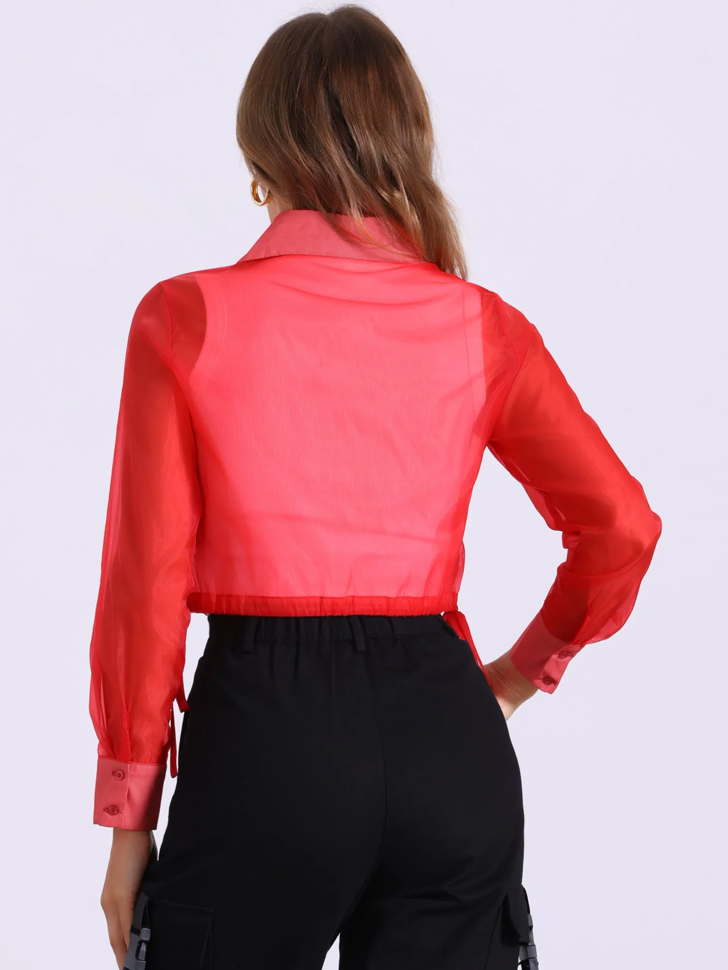 See Through Long Sleeve Drawstring Hem Button Cropped Mesh Jacket