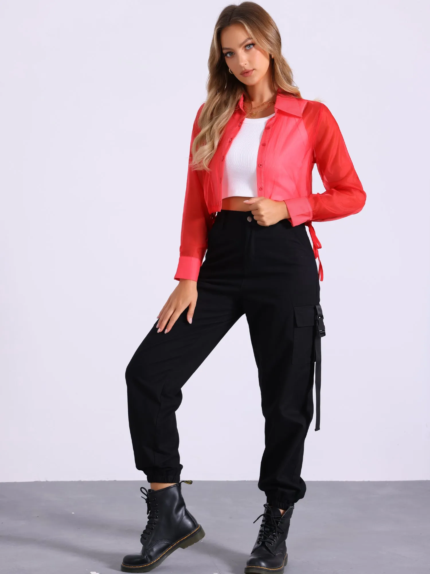 See Through Long Sleeve Drawstring Hem Button Cropped Mesh Jacket