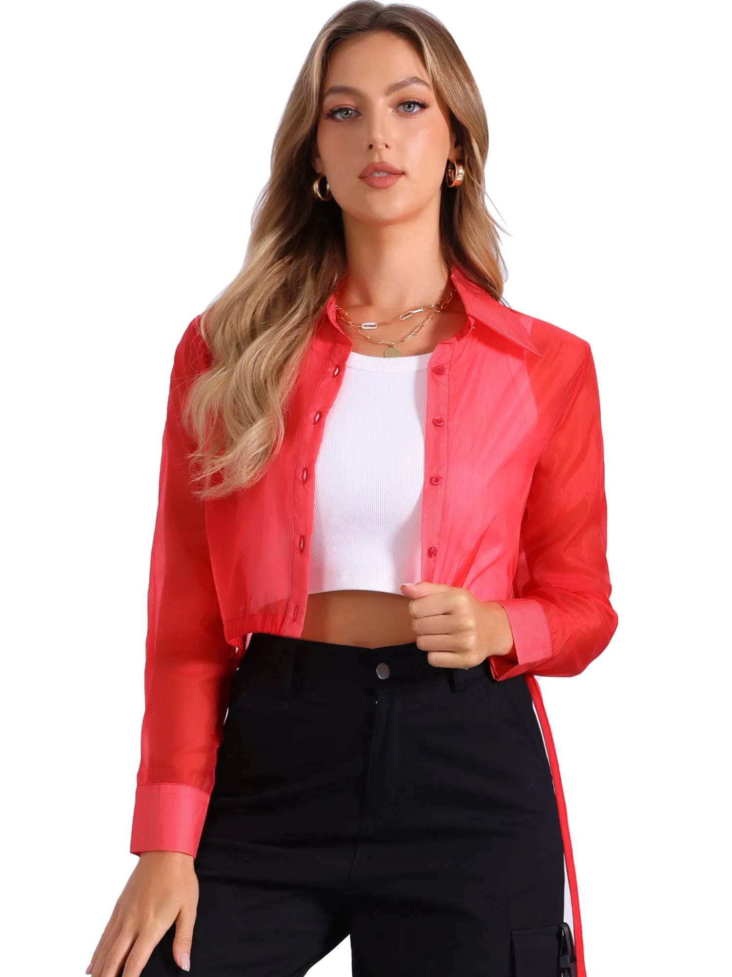 See Through Long Sleeve Drawstring Hem Button Cropped Mesh Jacket