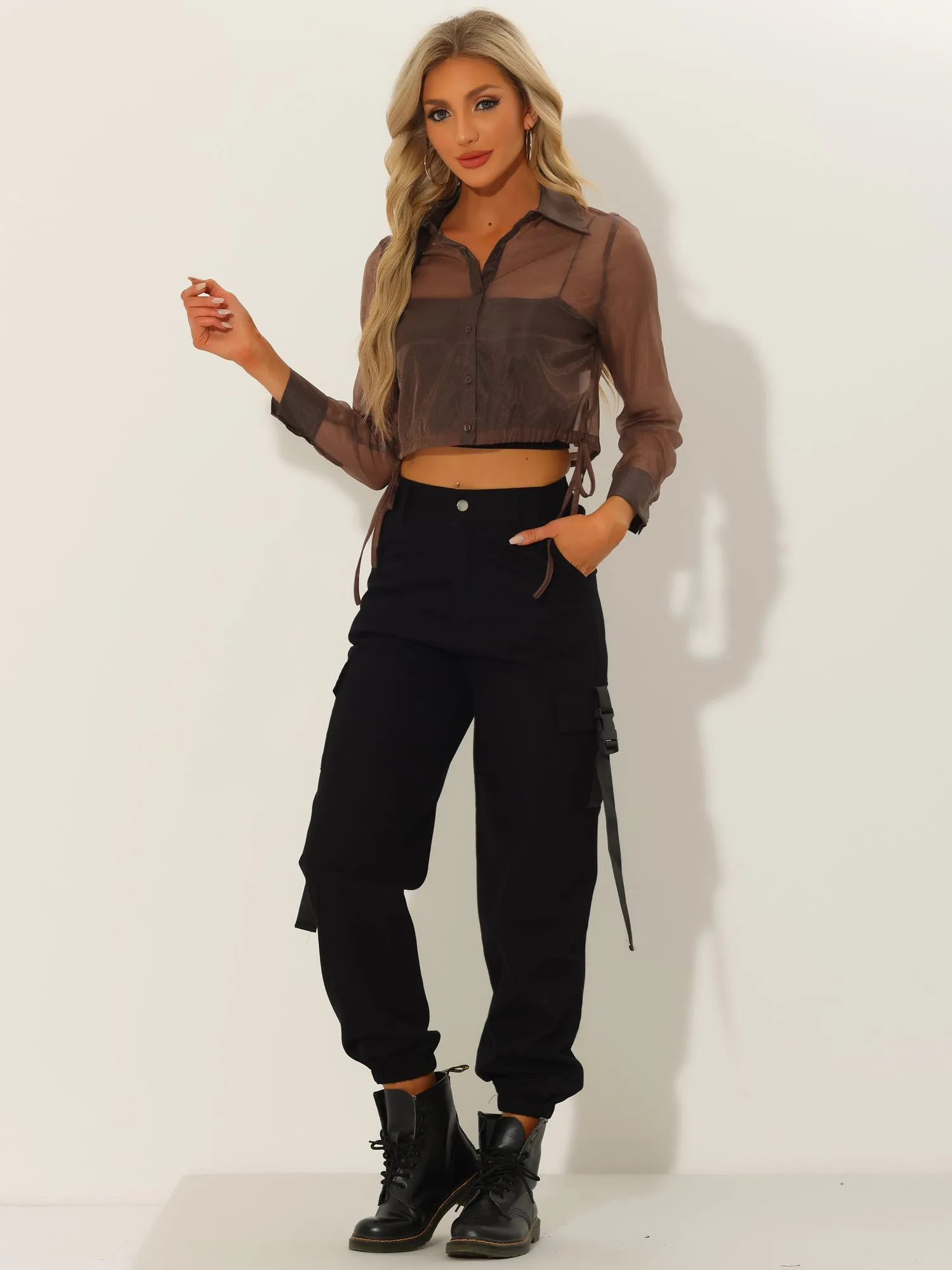 See Through Long Sleeve Drawstring Hem Button Cropped Mesh Jacket