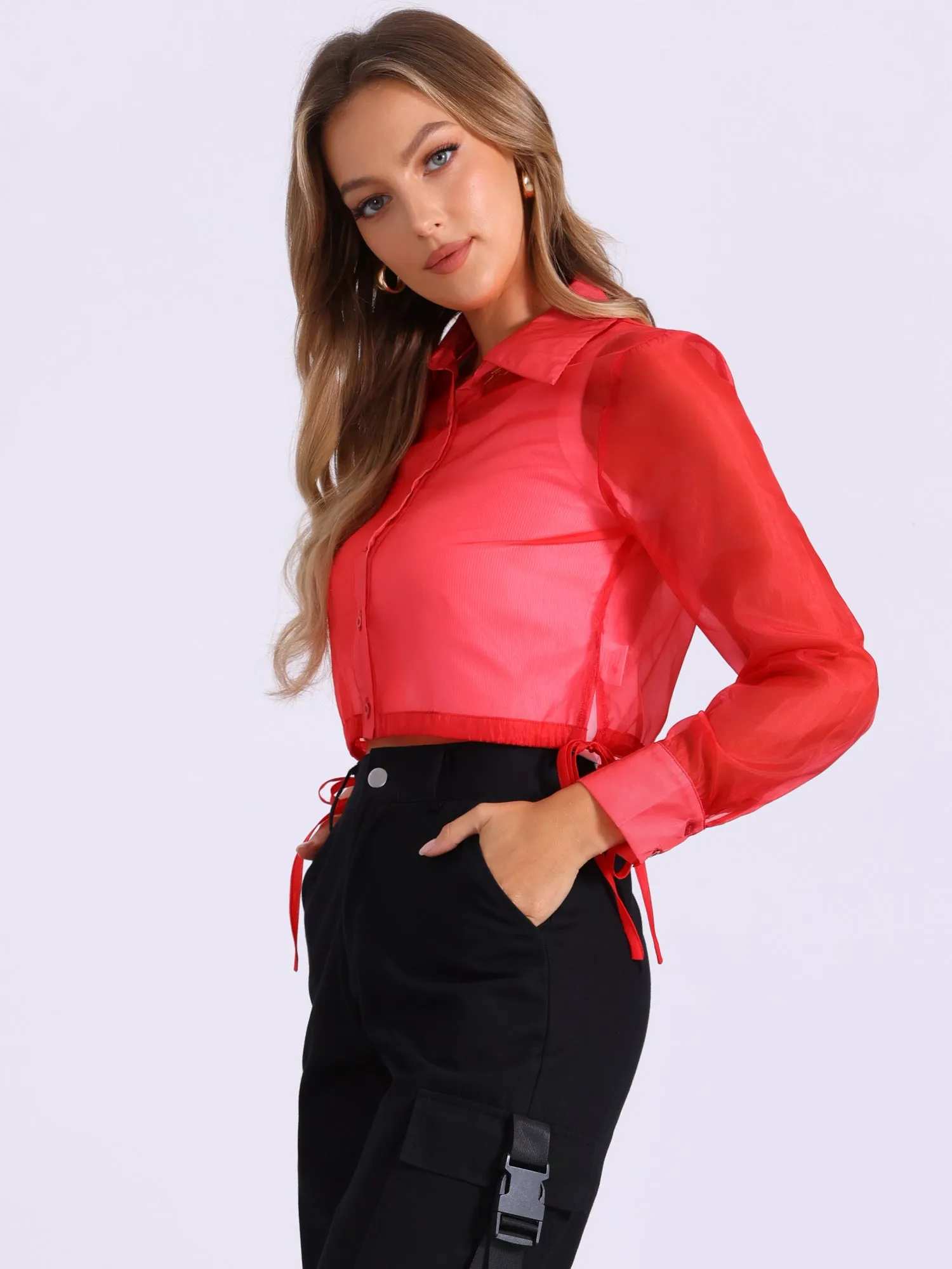 See Through Long Sleeve Drawstring Hem Button Cropped Mesh Jacket