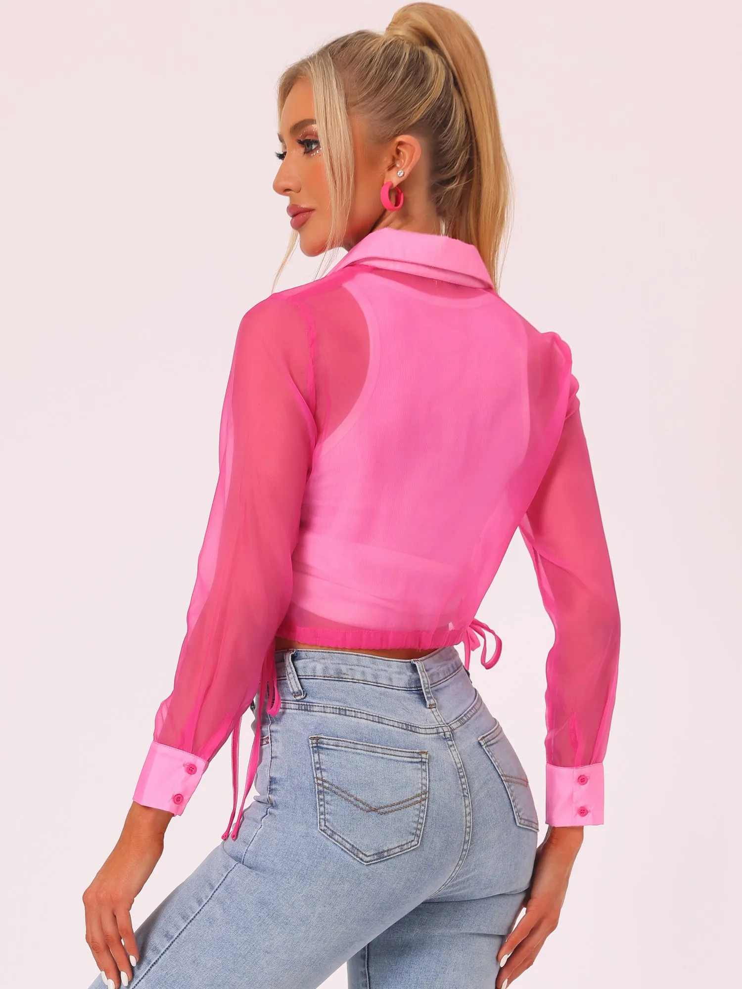 See Through Long Sleeve Drawstring Hem Button Cropped Mesh Jacket