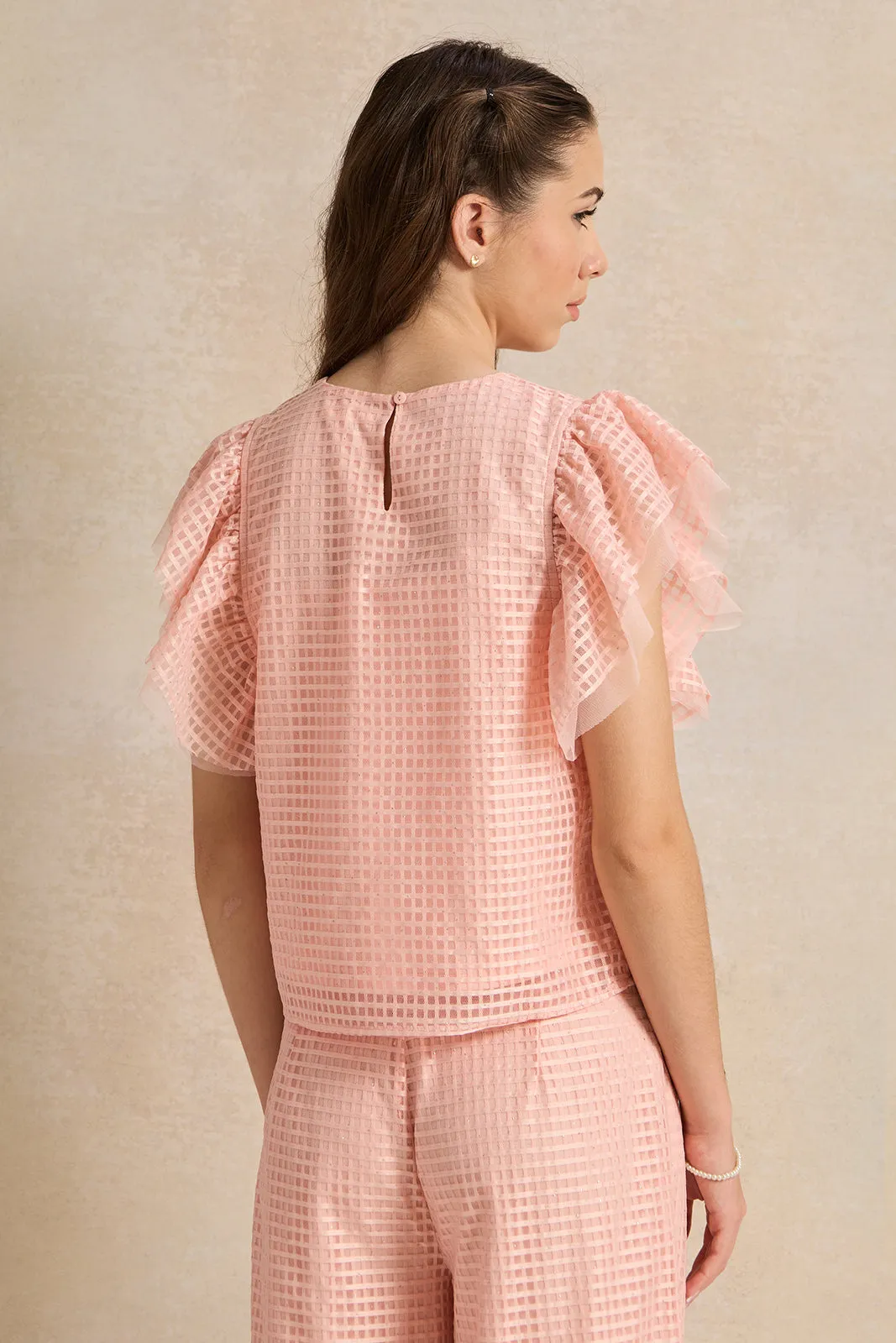 Senior Girls Pink Jacquard Ruffled Sleeve Top