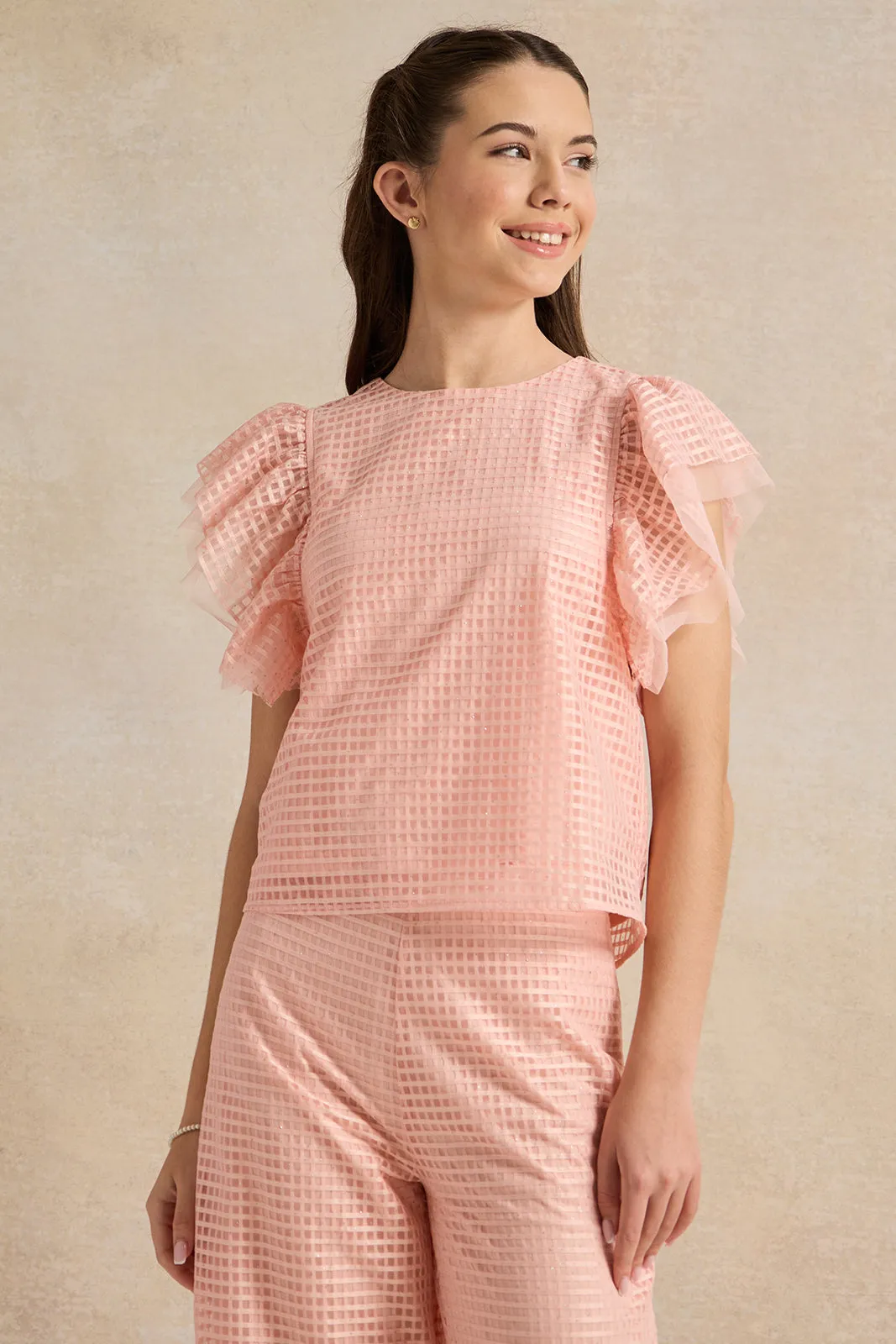 Senior Girls Pink Jacquard Ruffled Sleeve Top