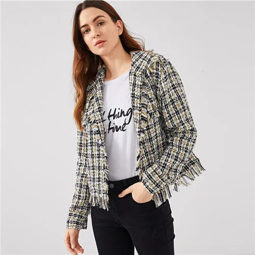 SHEIN Black and White Plaid Frayed Trim Tweed Blazer Elegant Casual Long Sleeve Fringe Outwear Women Autumn Modern Lady Coats