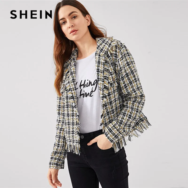 SHEIN Black and White Plaid Frayed Trim Tweed Blazer Elegant Casual Long Sleeve Fringe Outwear Women Autumn Modern Lady Coats