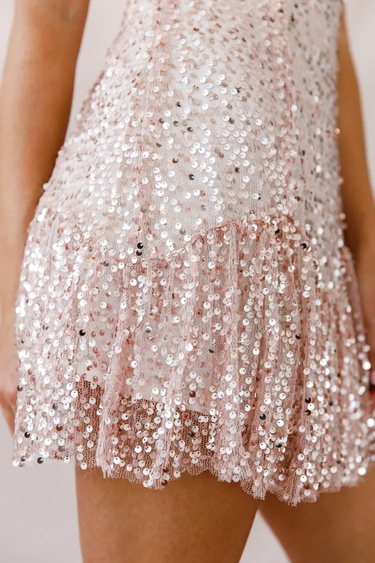 Shine Spaghetti Strap Sequin Mini Dress Rose Gold