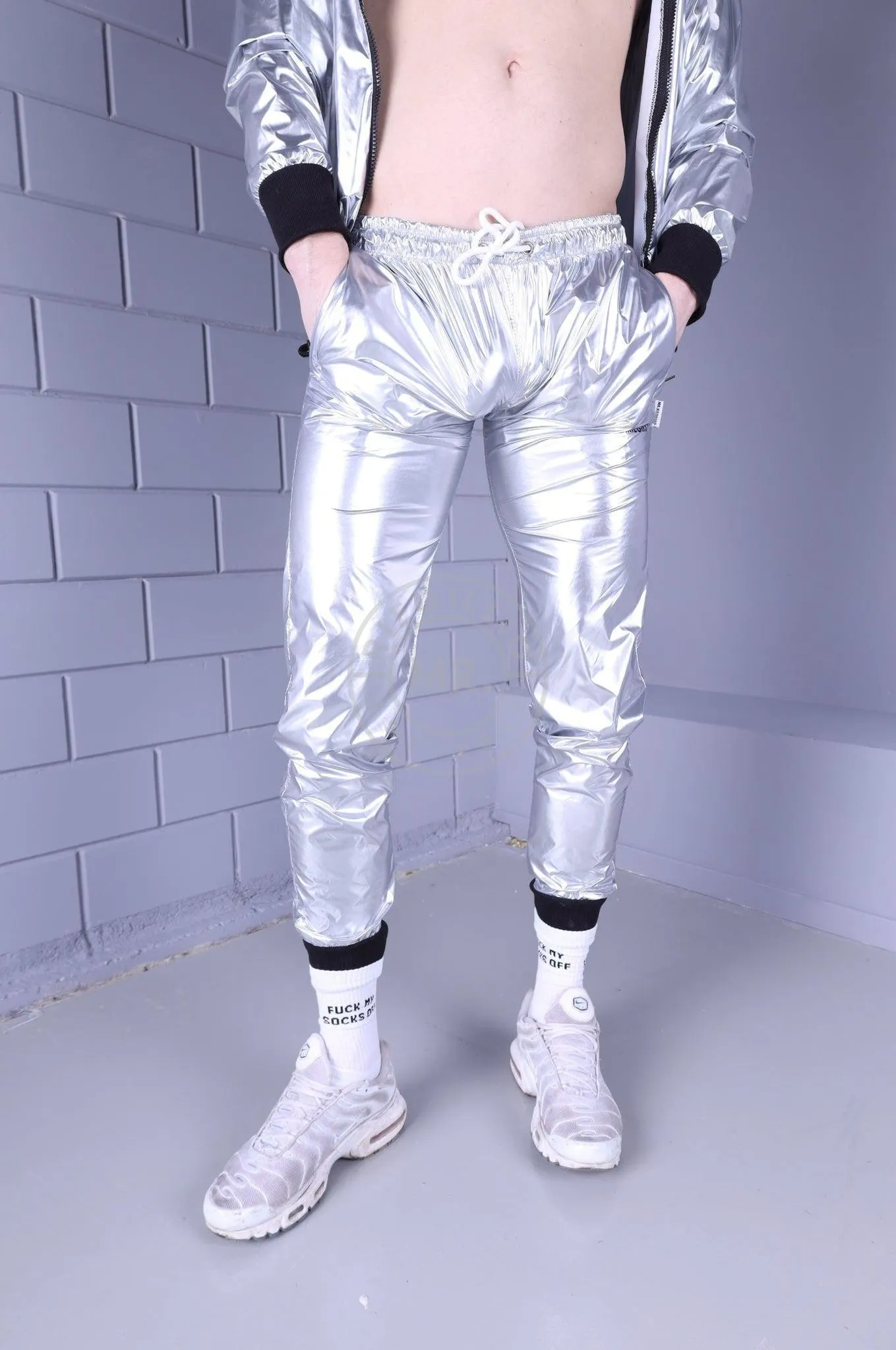 Shiny Nylon Tracksuit Pants - Silver