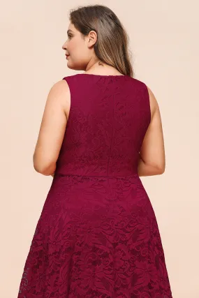 Simple High Low A line V neck Sleeveless Lace Formal Dress