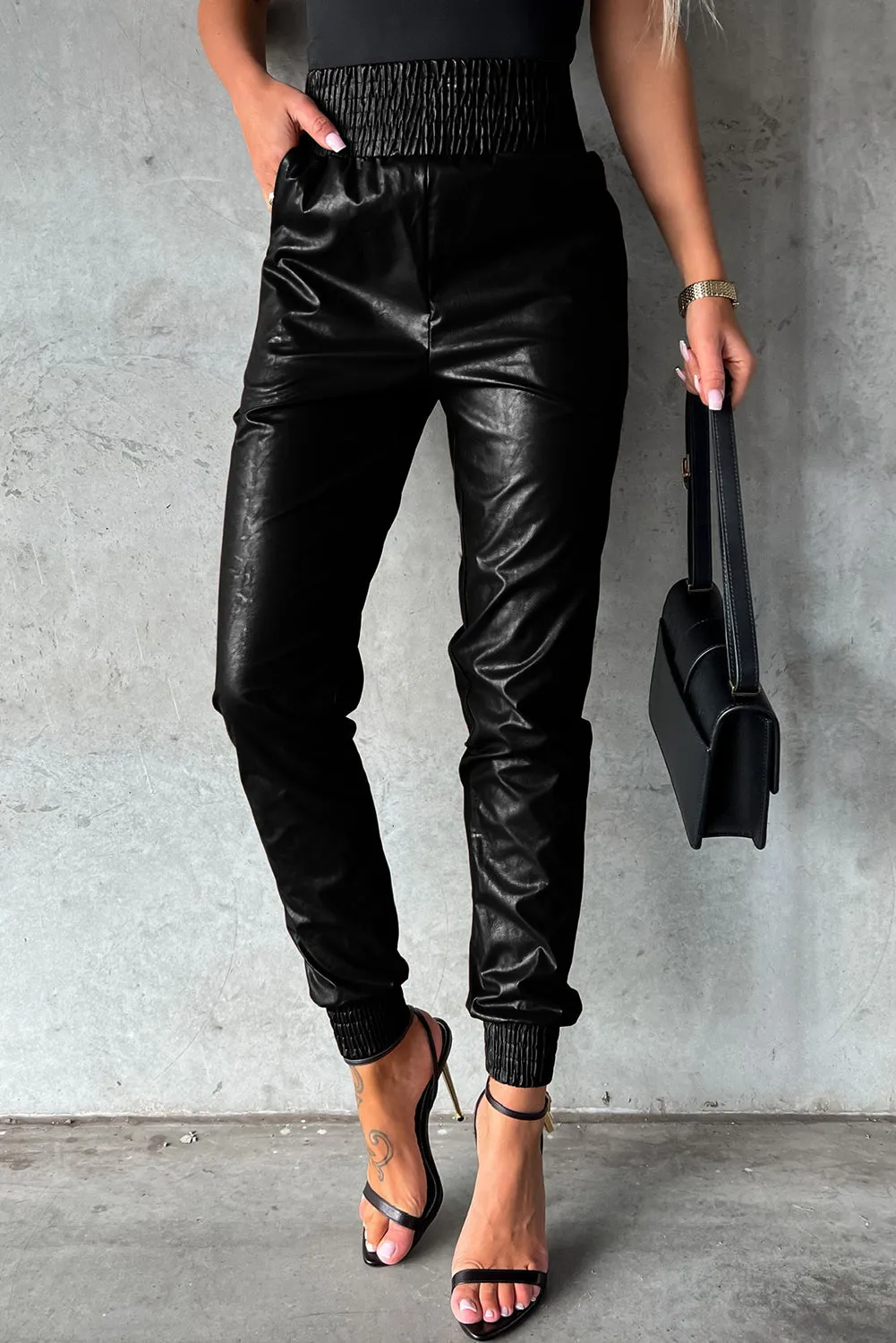 Smocked High-Waist Leather Skinny Pants