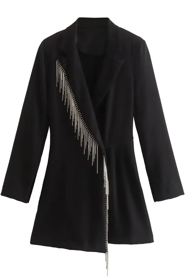 Sparkly Fringe Trim Lapel Collar Long Sleeve Blazer Romper Mini Dress - Black