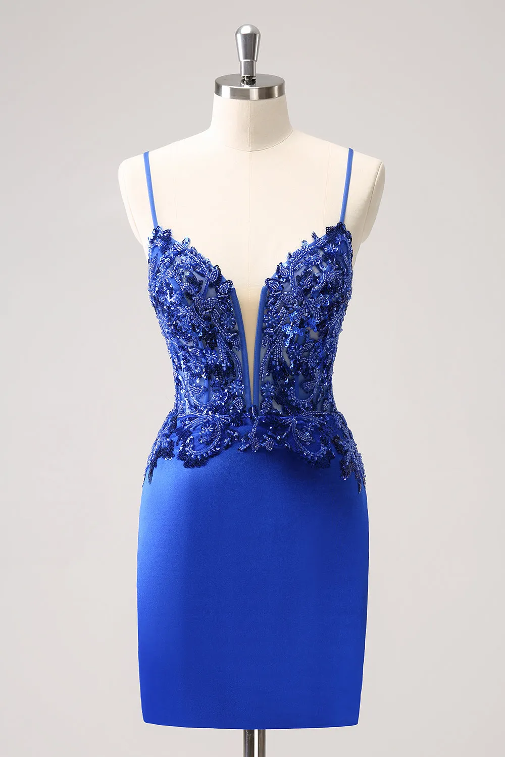 Sparkly Royal Blue Sequin Tight Mini Dress With Lace Up Back