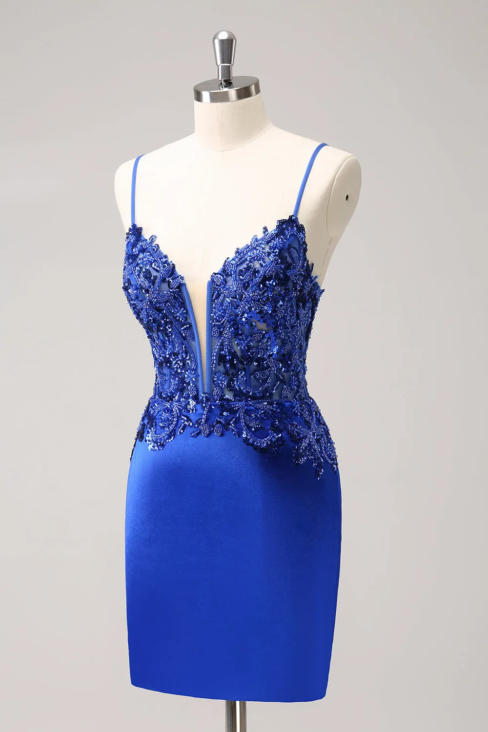 Sparkly Royal Blue Sequin Tight Mini Dress With Lace Up Back