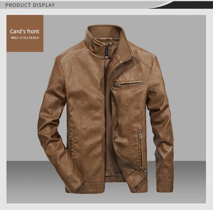 Spring Leisure Pure Color All-Matching Stand Collar Men's Leather Jacket