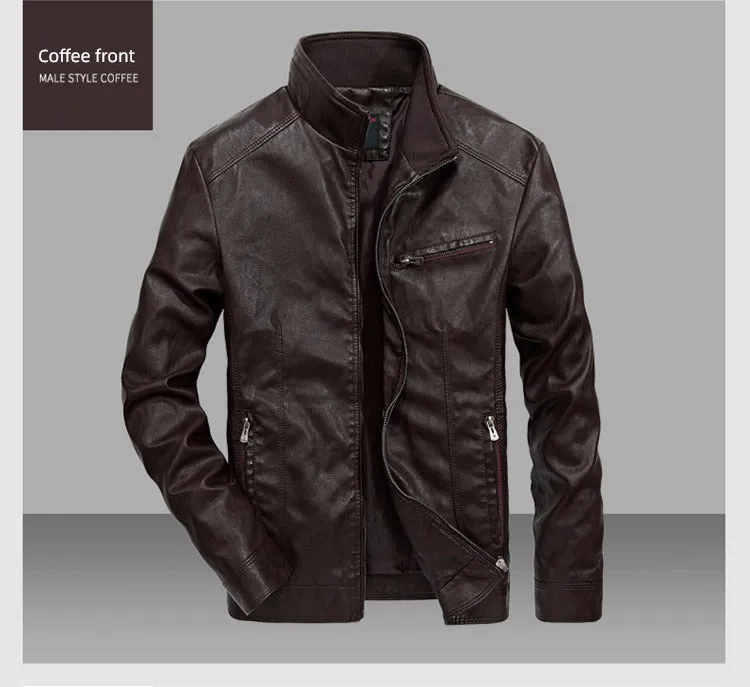 Spring Leisure Pure Color All-Matching Stand Collar Men's Leather Jacket