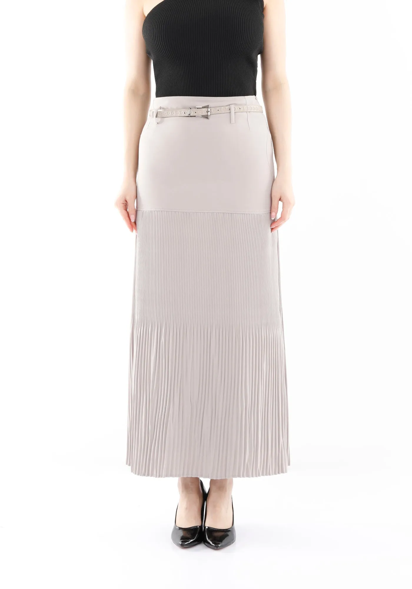 Stone Thin Pleated Maxi Skirt with Floral Belt