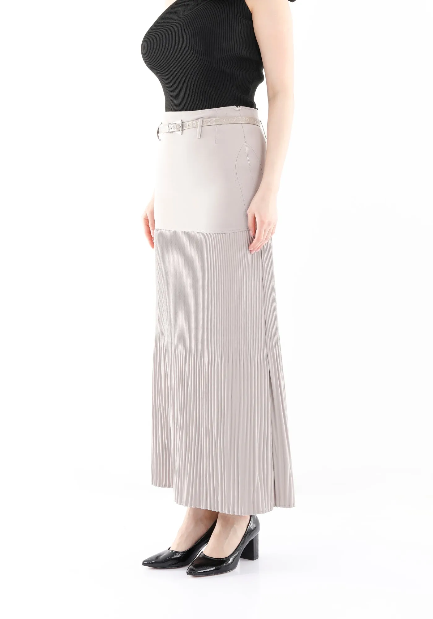 Stone Thin Pleated Maxi Skirt with Floral Belt