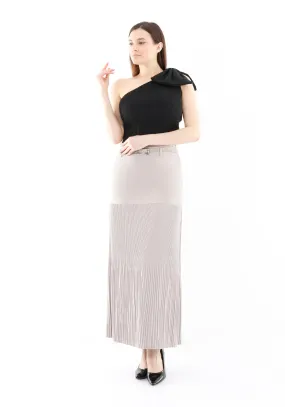 Stone Thin Pleated Maxi Skirt with Floral Belt