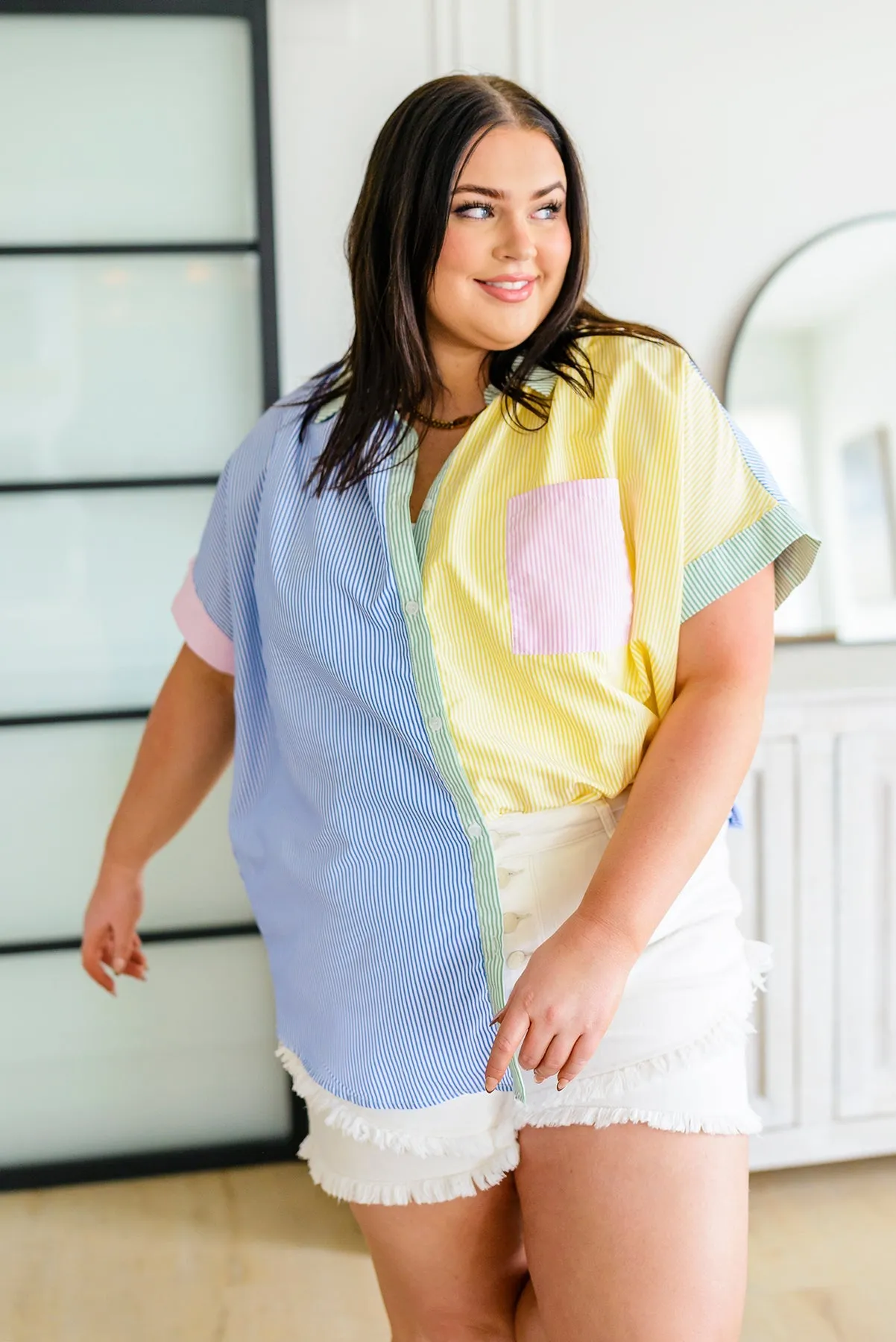 Stripe Hype Color Block Button Down Blouse