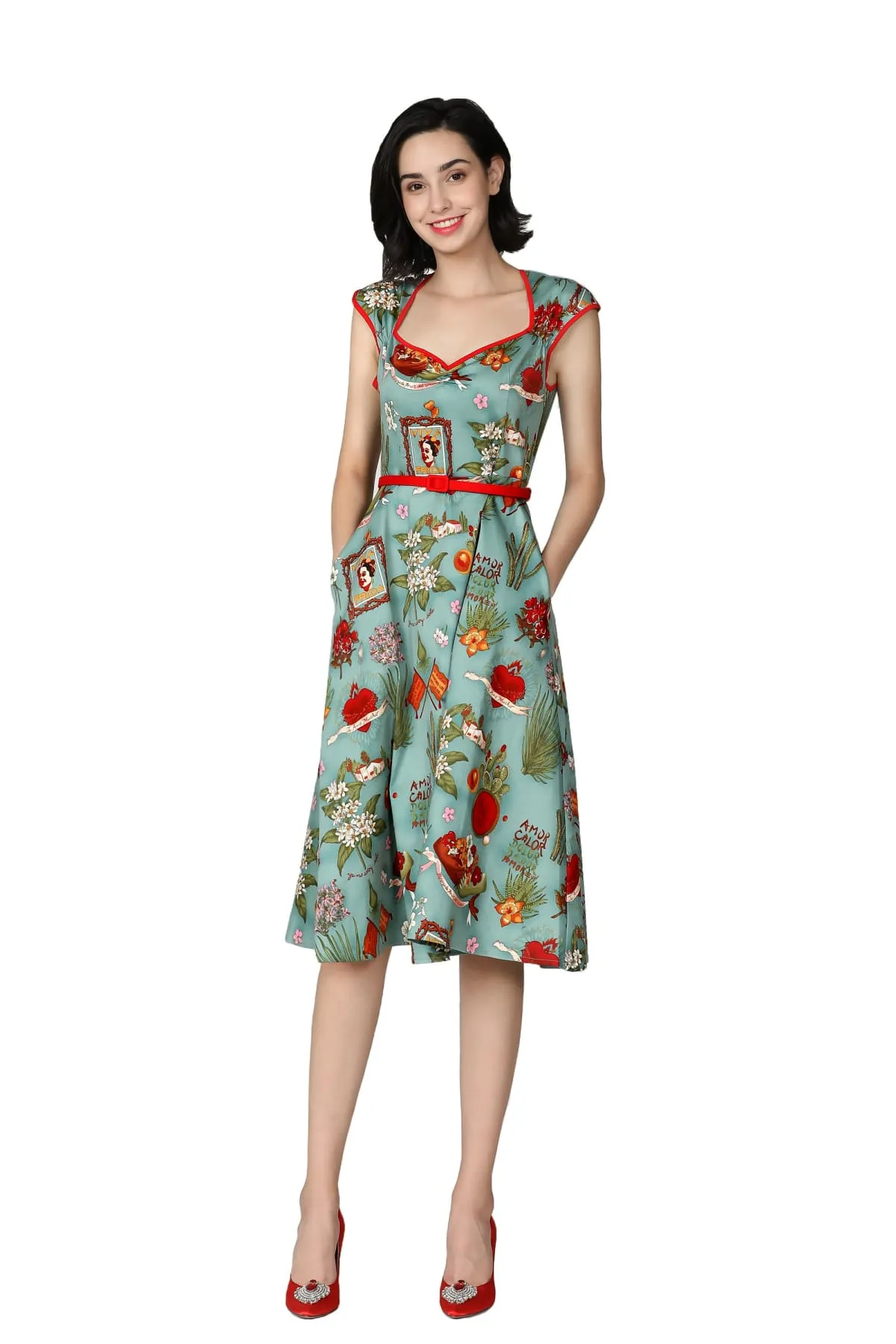 Sweetheart Neck Frida Print Vintage Swing Dress