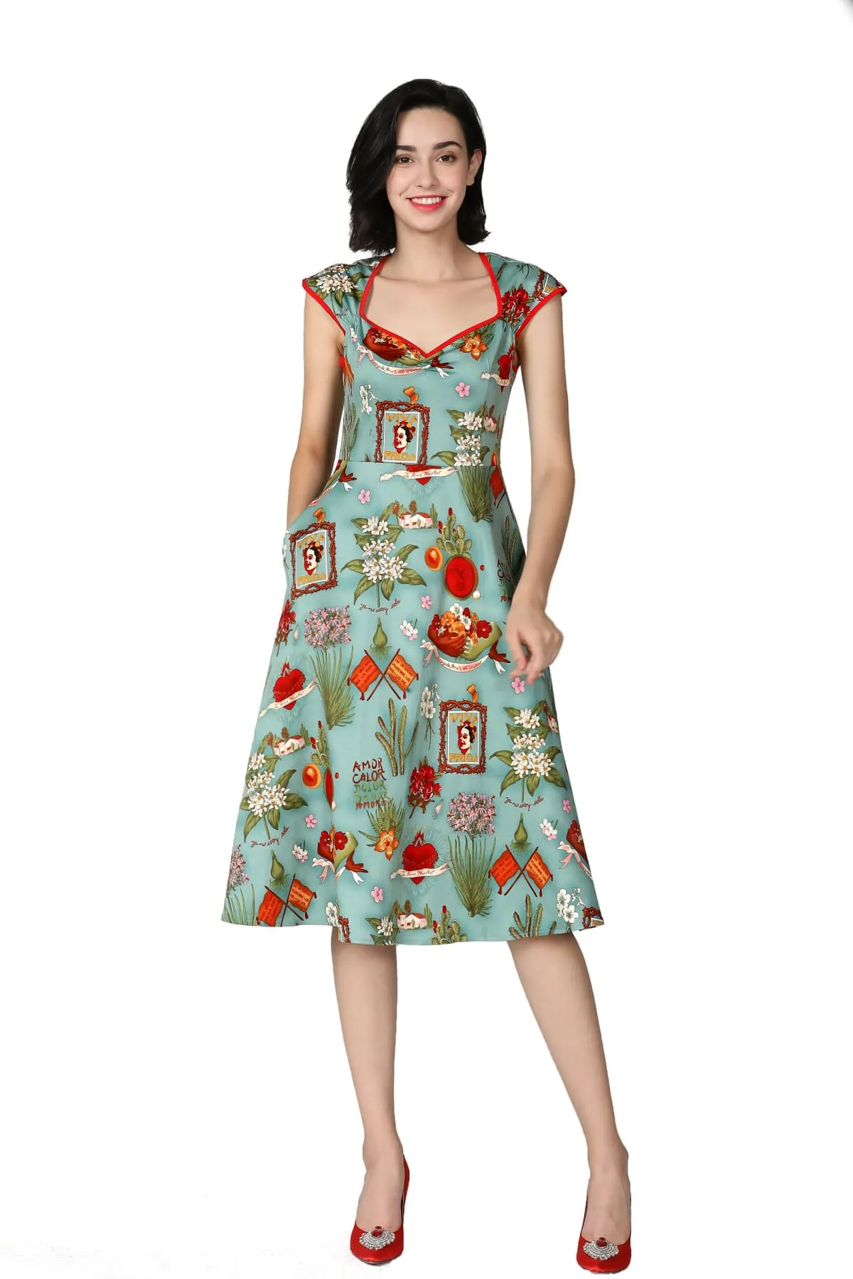 Sweetheart Neck Frida Print Vintage Swing Dress