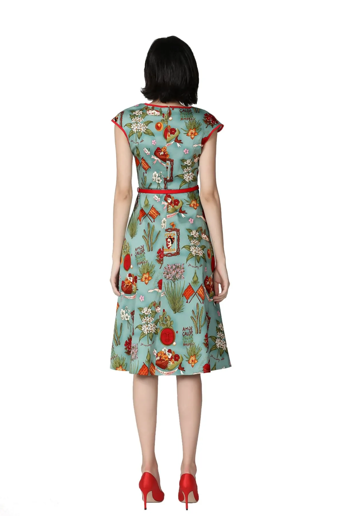 Sweetheart Neck Frida Print Vintage Swing Dress