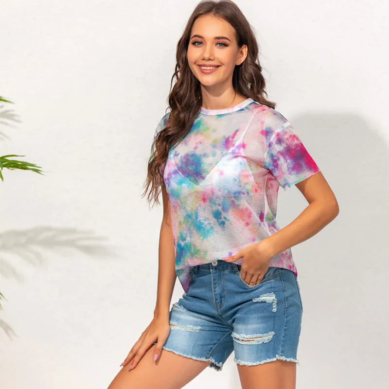 Tie Dye See Through Crew Neck Short Sleeve Tee Wholesale T Shirts