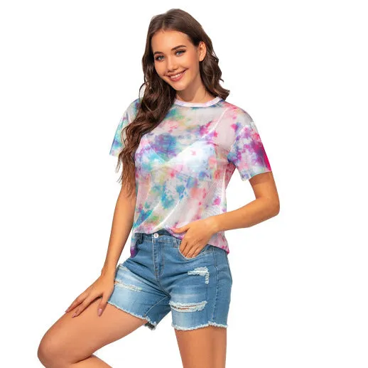 Tie Dye See Through Crew Neck Short Sleeve Tee Wholesale T Shirts