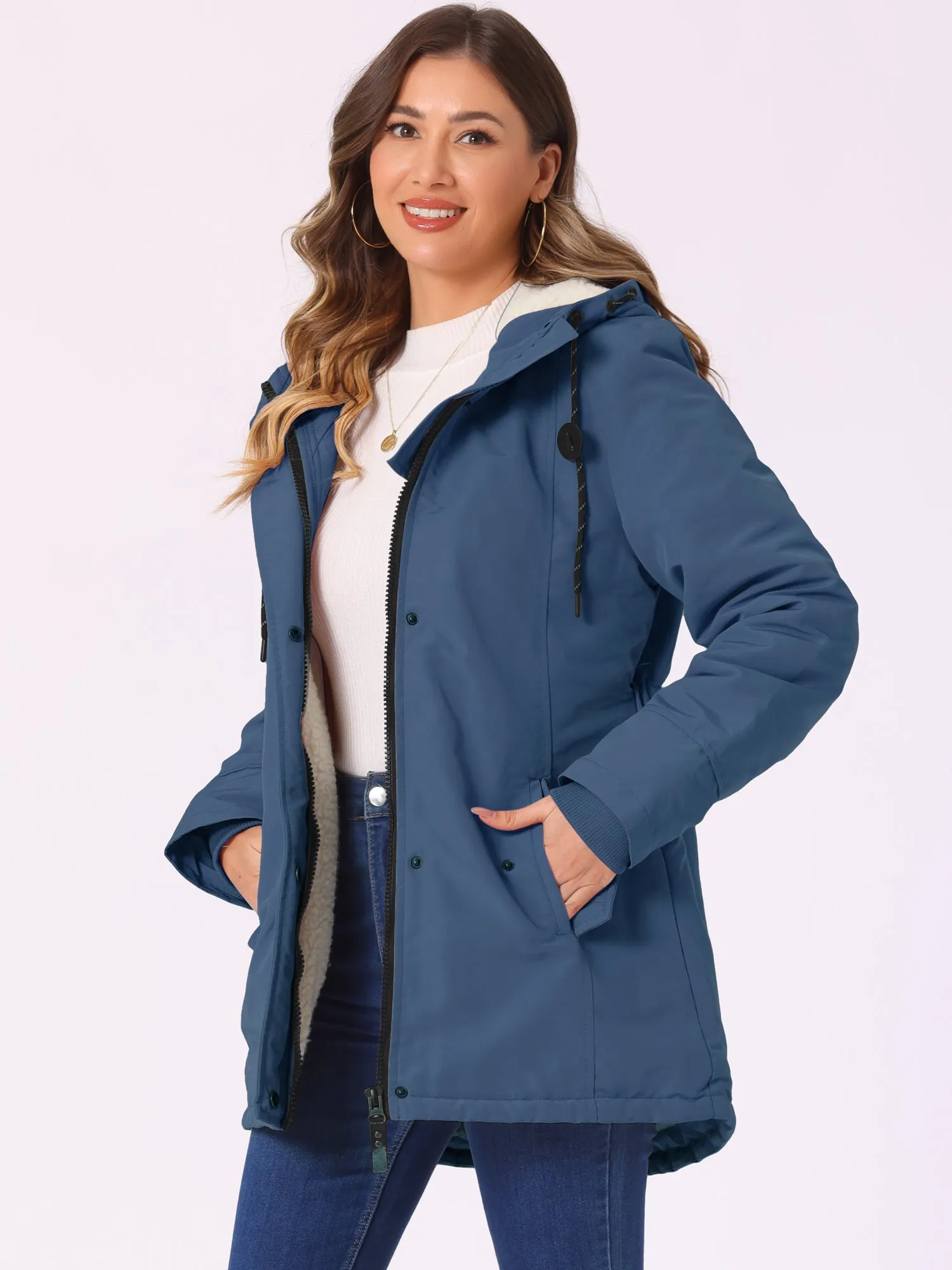 Tie Waist Pockets Polar Fleece Hooded Parka Jackets