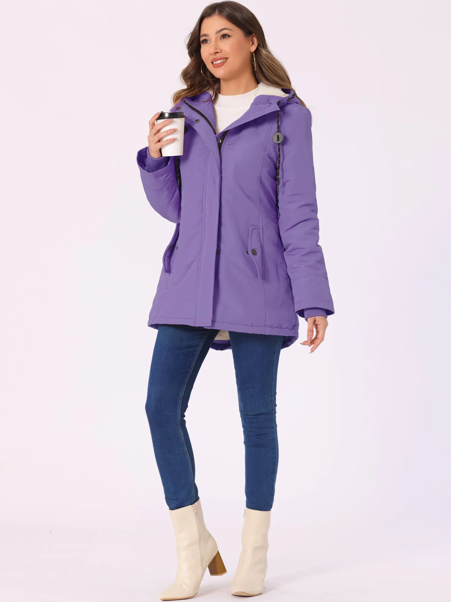 Tie Waist Pockets Polar Fleece Hooded Parka Jackets