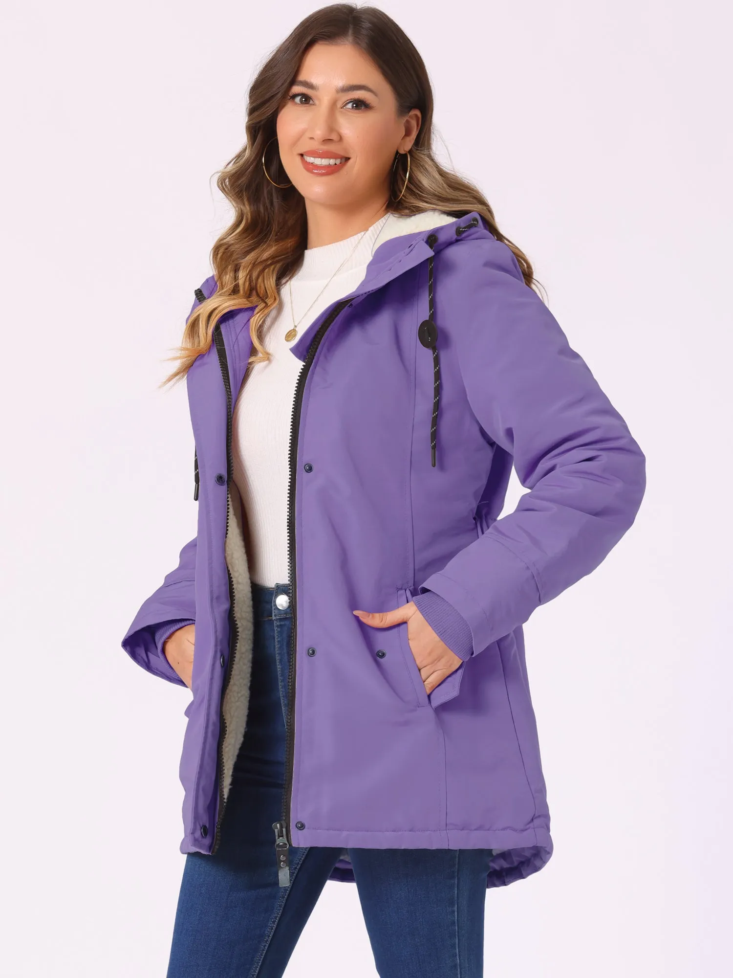 Tie Waist Pockets Polar Fleece Hooded Parka Jackets