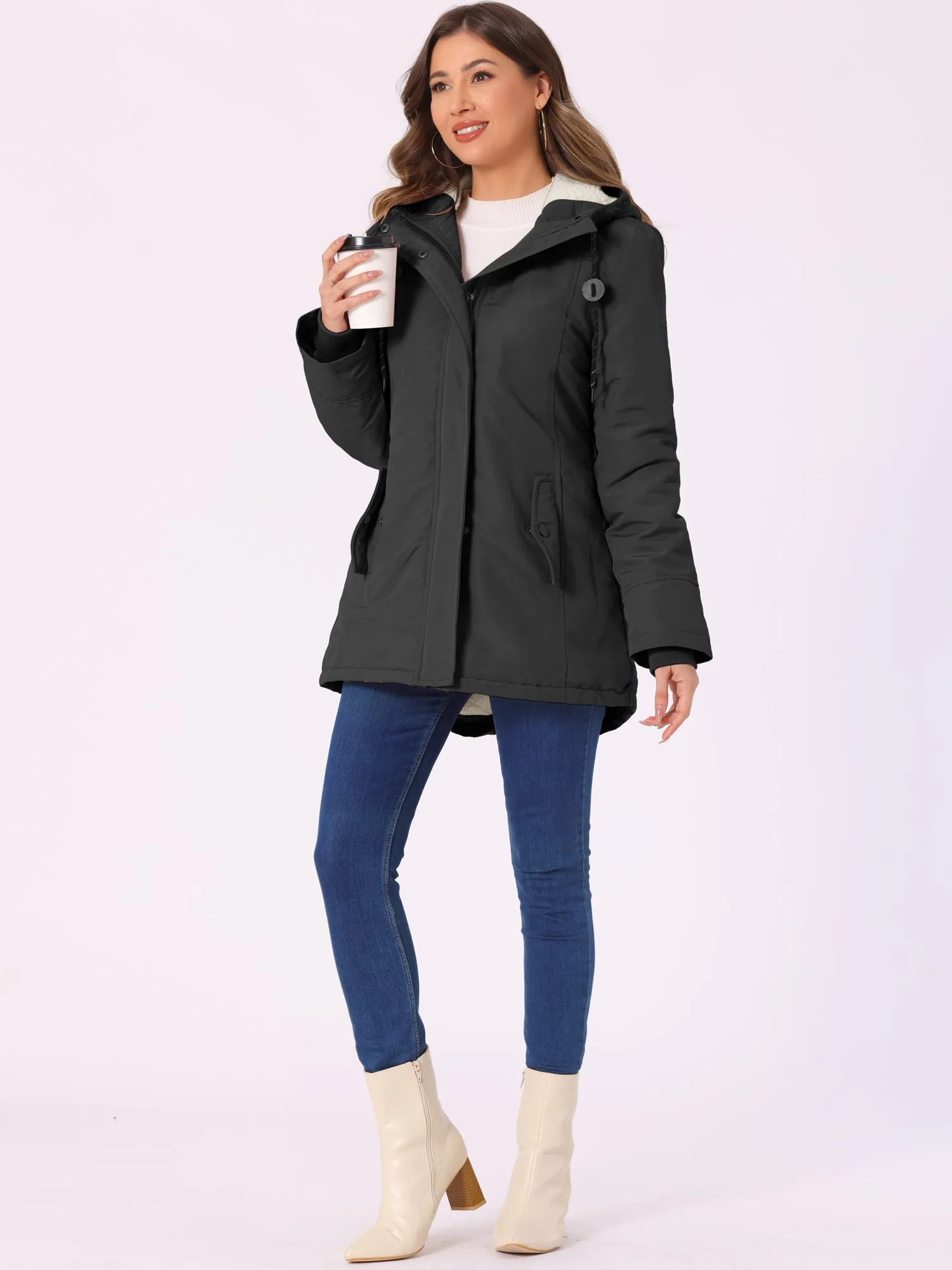 Tie Waist Pockets Polar Fleece Hooded Parka Jackets