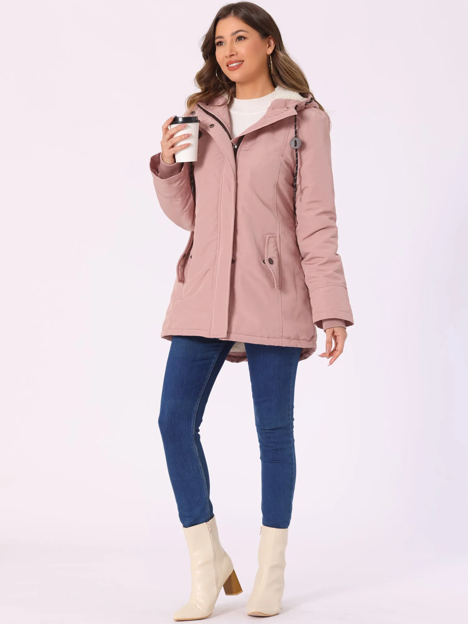 Tie Waist Pockets Polar Fleece Hooded Parka Jackets