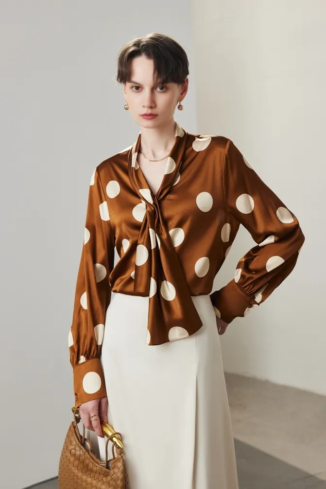 Vintage Tie Neck Polka Dot Silk Blouse