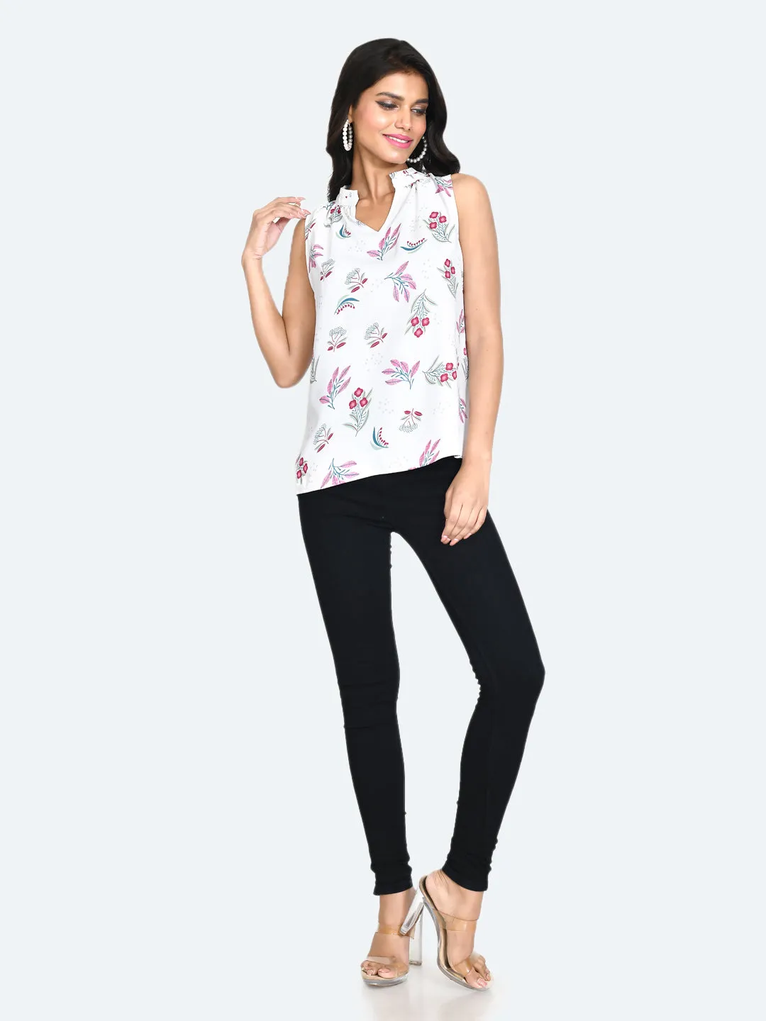 White Floral Print Straight Top