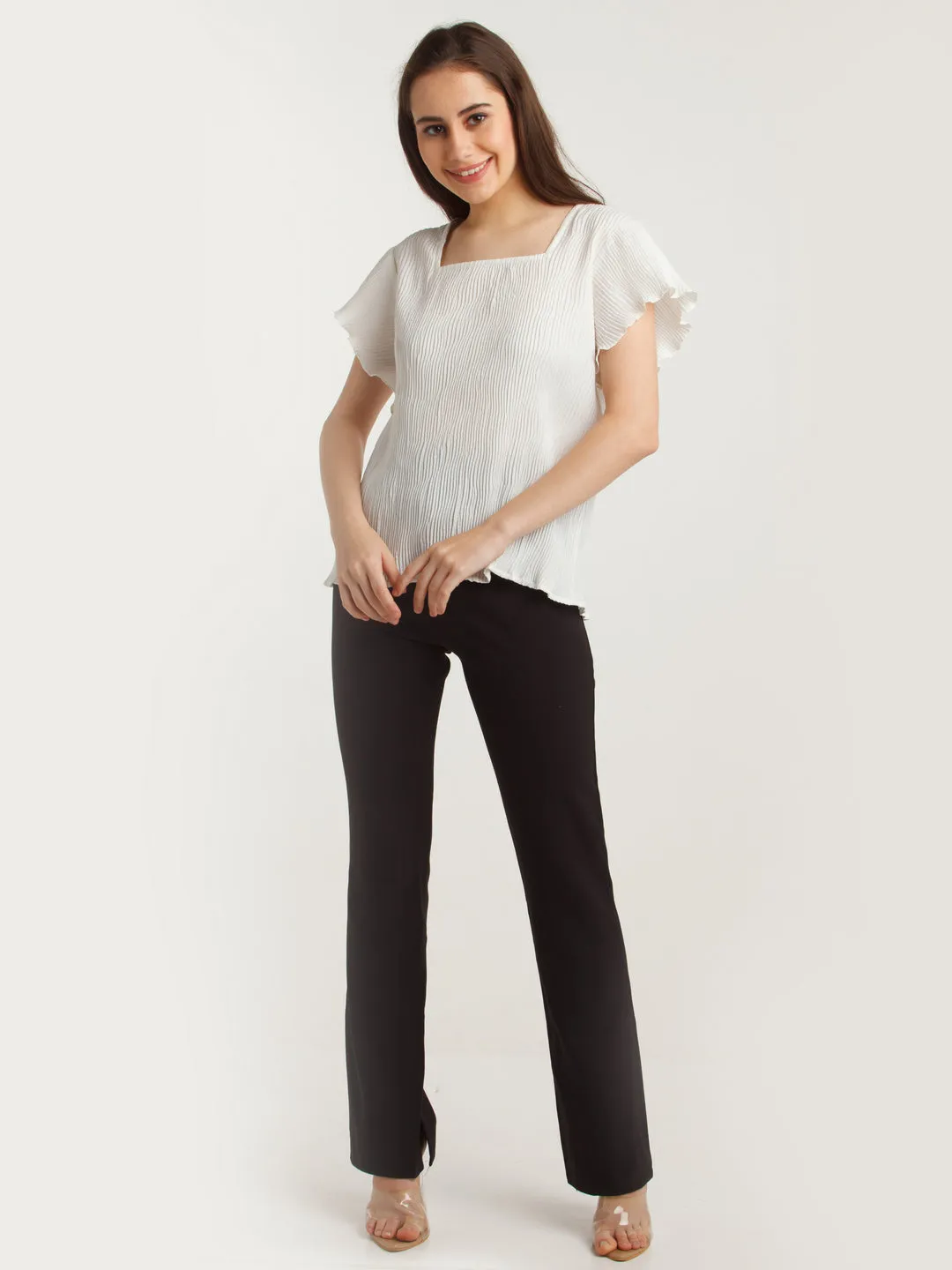 White Solid Flared Sleeve Top