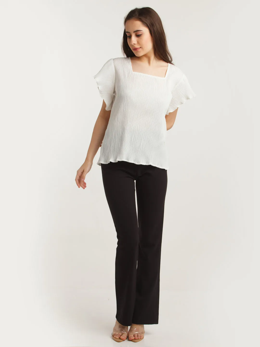 White Solid Flared Sleeve Top