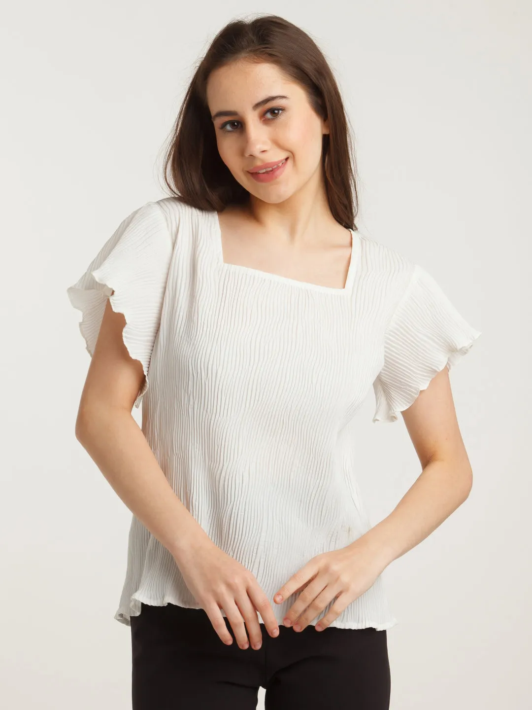 White Solid Flared Sleeve Top